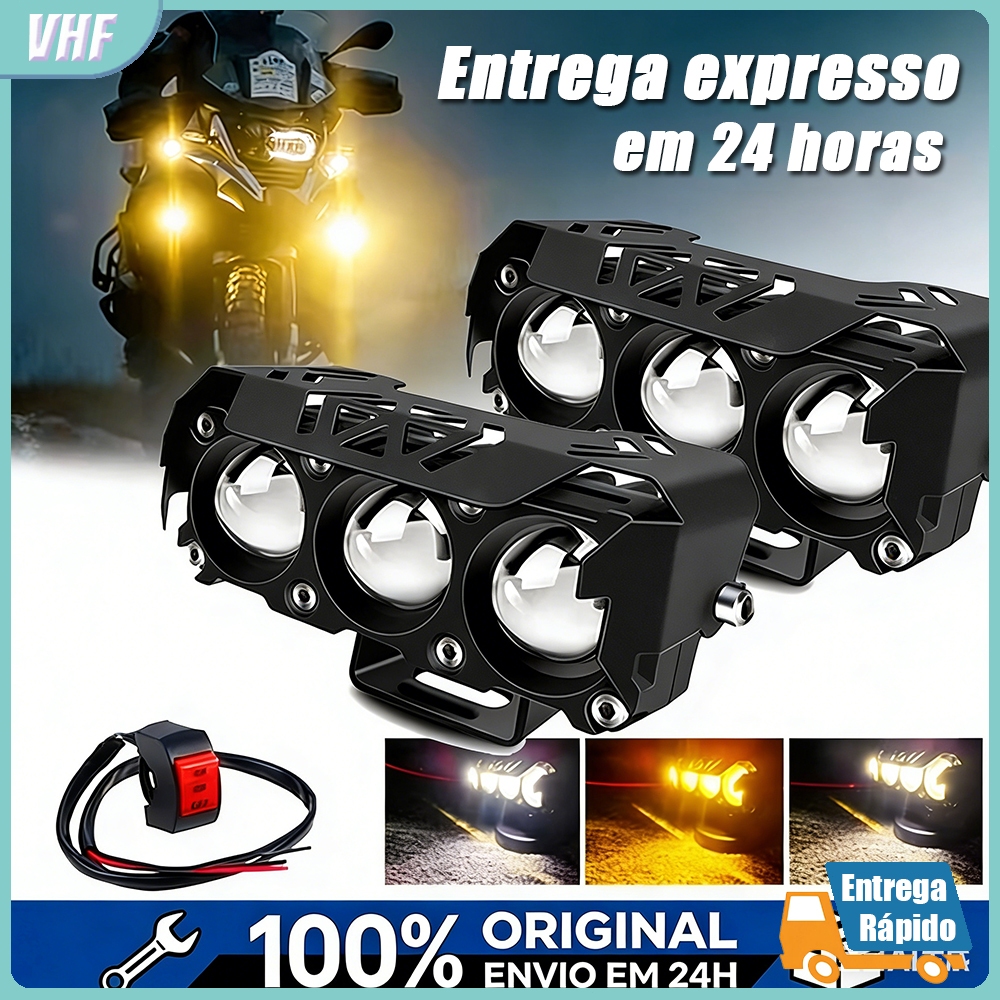 Par Farol De Milha Moto Super Led 15000 Lumes Olho de Lente Auxiliar De Cor Dupla 3 LEDs