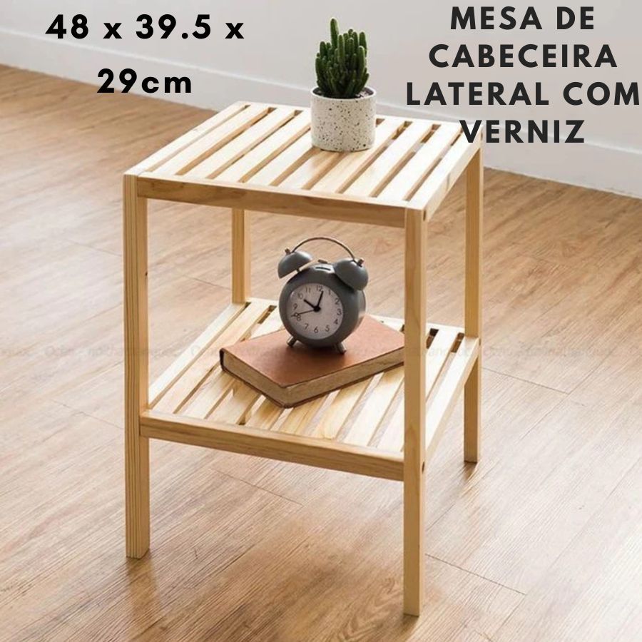 Estante Organizadora 29x39.5x48cm  2 Andares Mesa De Bambu Verniz Cabeceira Lateral Cama Suporte