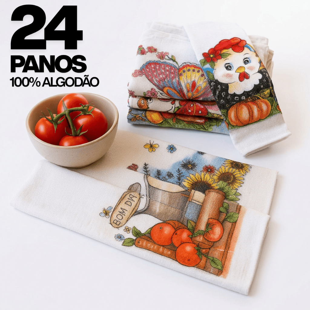 Jogo 24 Panos de Copa Algodão Alta Absorção Cozinha Enxoval