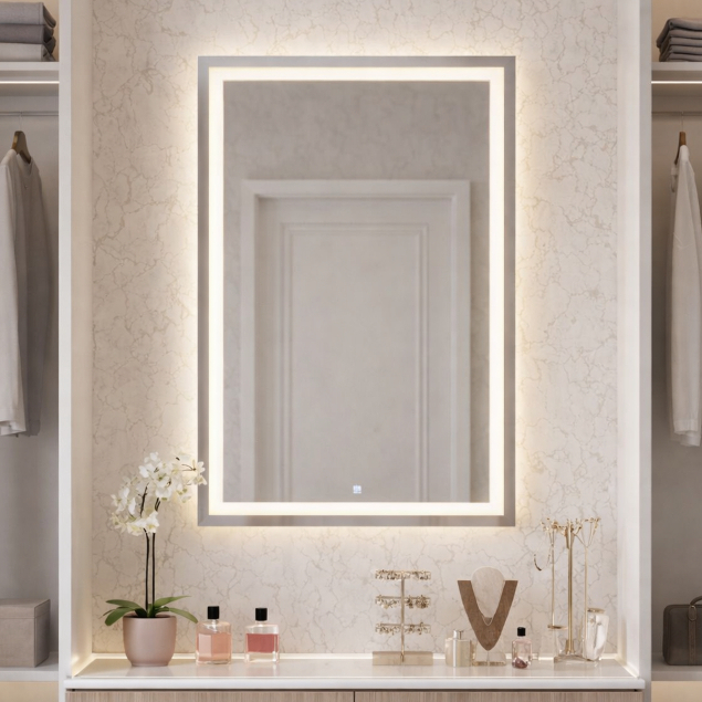 Espelho Retangular Jateado 120x70cm 3 Cores LED Touch Lapidado Decorativo