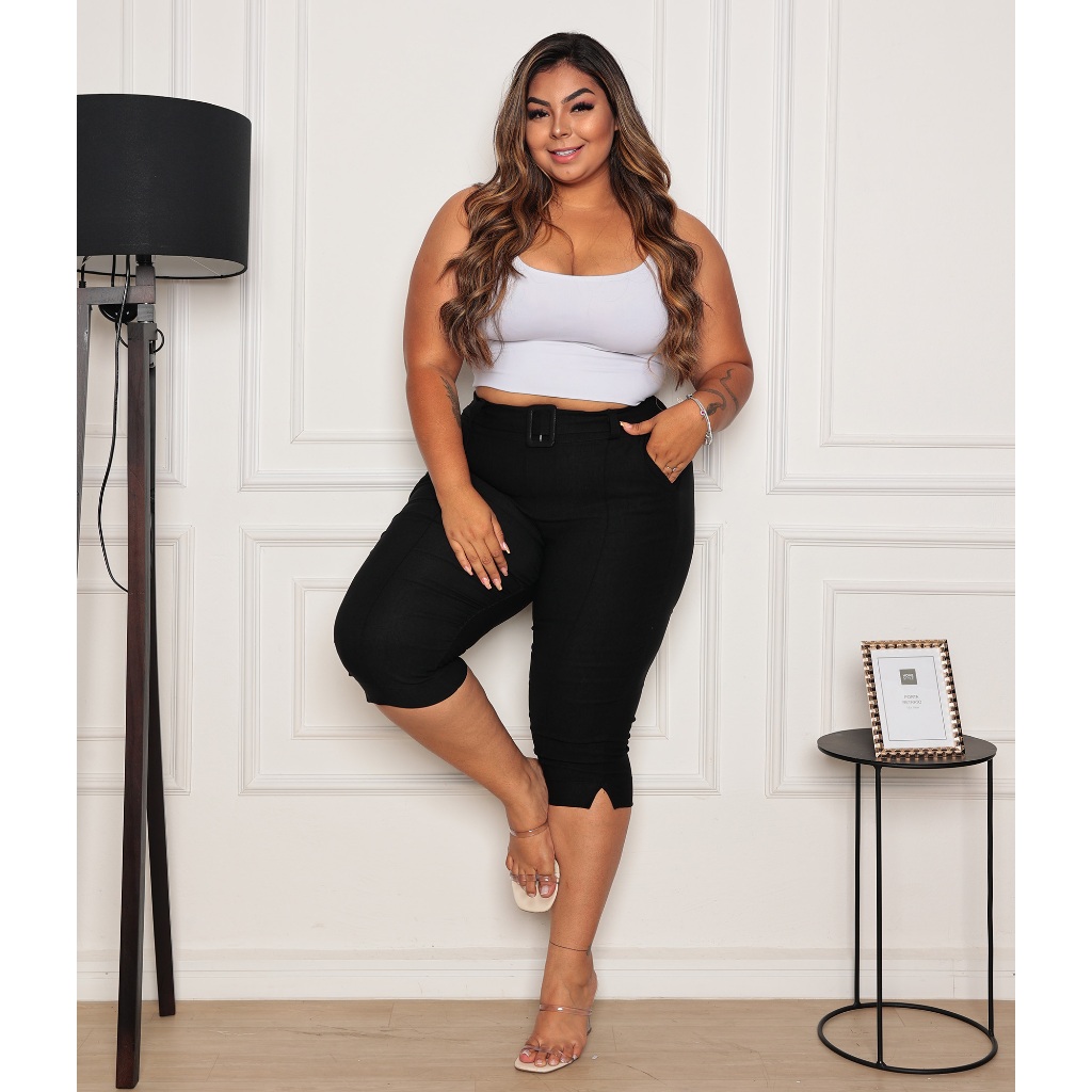 Calça Capri Feminina Cintura Alta Detalhe Risca Plus Size Zero Transparência Bengaline em Oferta na Shopee