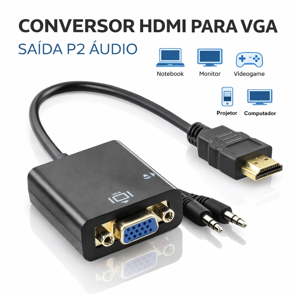 Conversor HDMI Para VGA Com Saida P2 Audio Adaptador Video Notebook PC Monitor Projetor Full HD Cabo