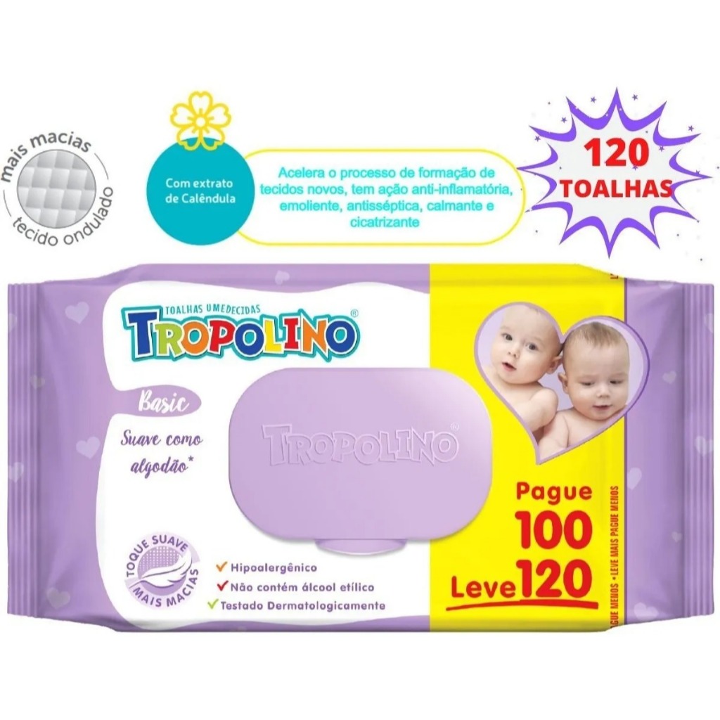 Toalha Umedecida Tropolino 120 Folhas - Lenço Umedecido Hipoalergênico Sem Álcool
