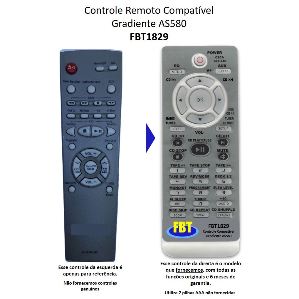 Controle Remoto Compatível Gradiente Aparelho de Som AS580 FBT1829