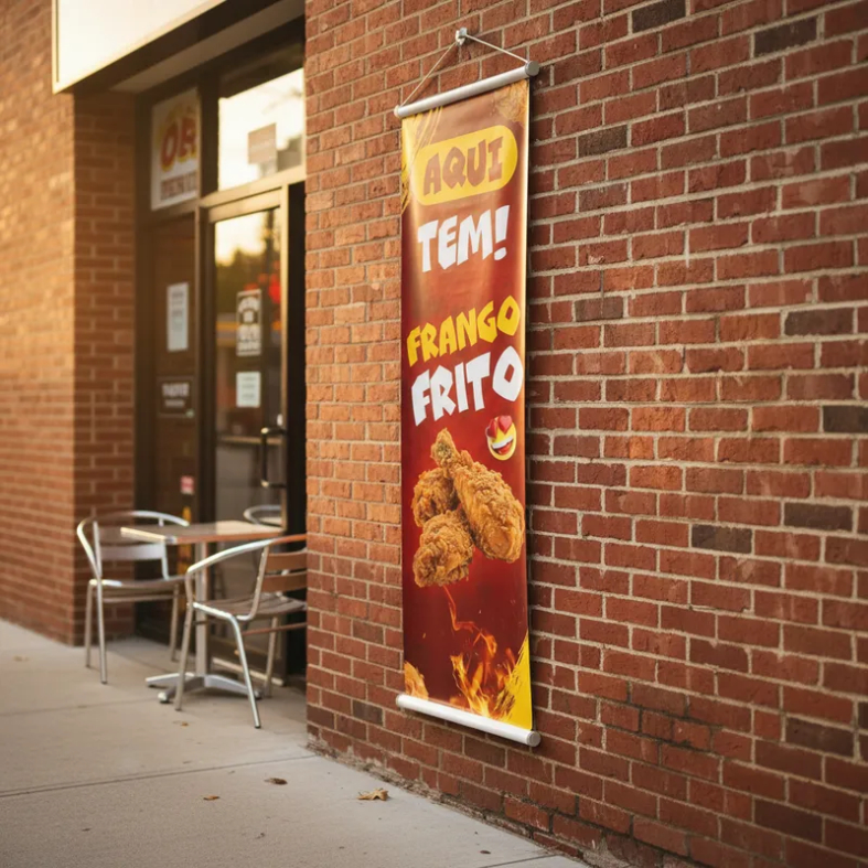Banner Chamativo Faixa Resistente Aqui tem Frango Frito Fast Food Lanchonete 100x30
