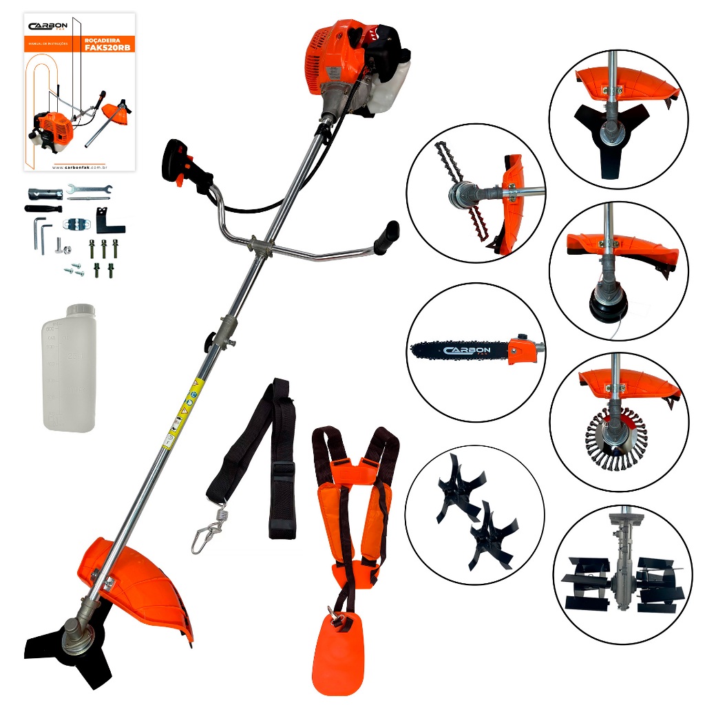 Roçadeira 52cc 2,5HP Gasolina Bipartida com Enxada Capinadeira + Lâminas de Arado e Kit Multifuncional Carbon Fak em Oferta na Shopee