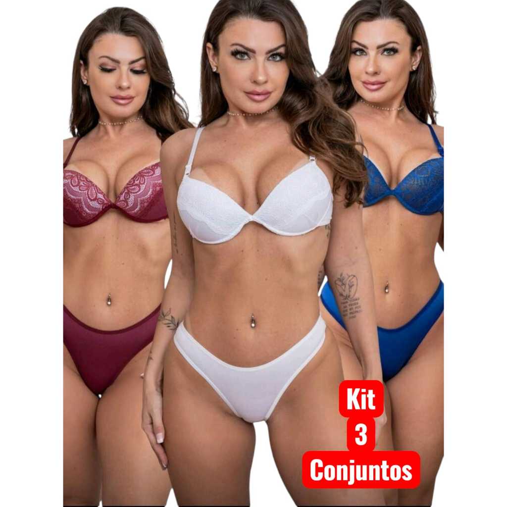 Kit 3 Conjuntos Lingerie Feminina Sutiã + Calcinha Confortável Dia a Dia Promoção em Oferta na Shopee