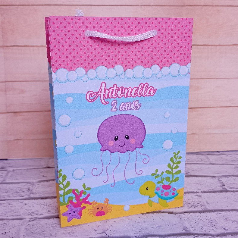 Sacolinha Personalizada 10x15cm FUNDO DO MAR rosa - Lembrancinhas para Festa Aniversário Sacolinha Surpresa