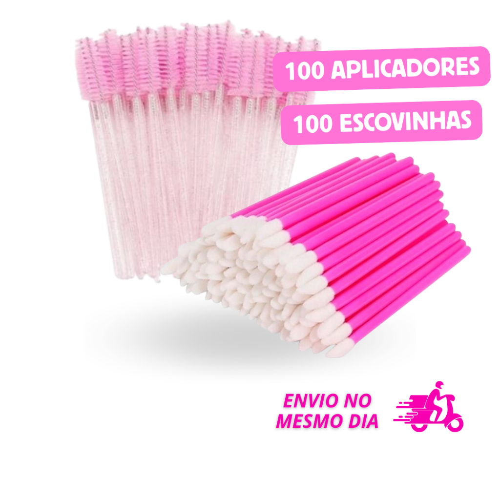 Escovinha Para Cílios + Aplicador Gloss Haste Oca Combo 100+100 Sobrancelha Lash Design