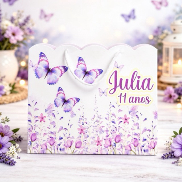 Sacolinha G Personalizada Borboletas Lilas - Jardim borboletas e flores | Lembrancinha Festa Infantil