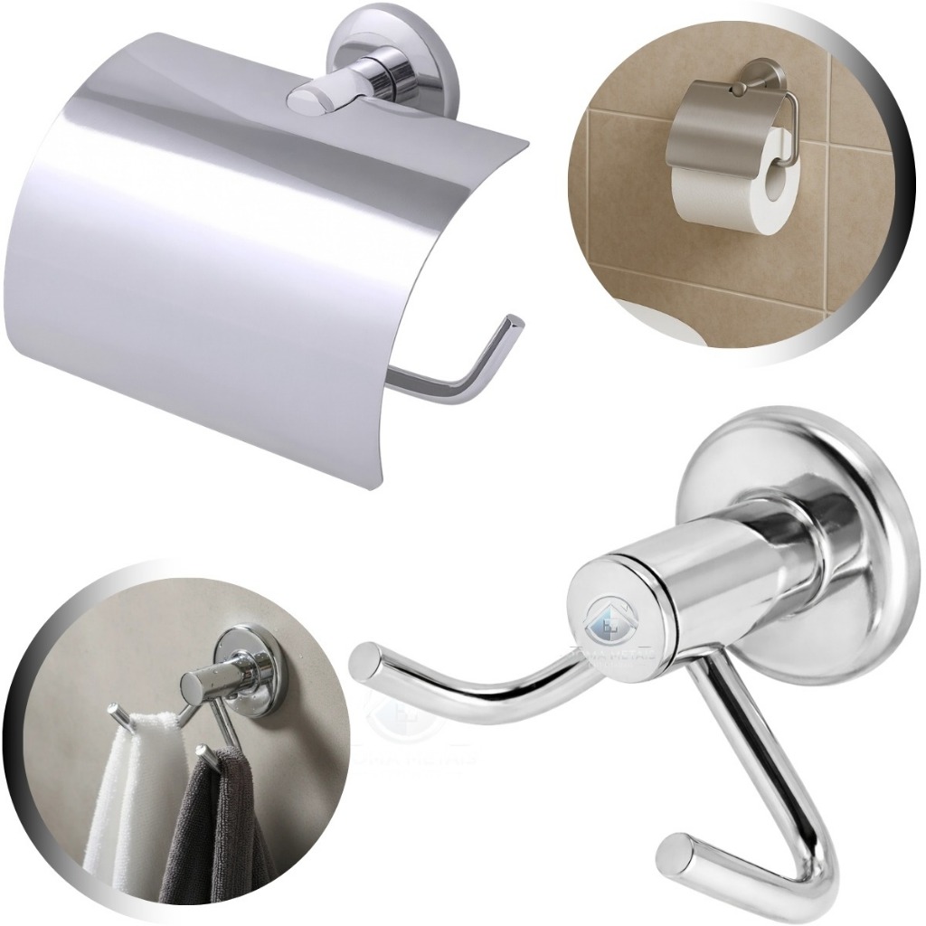 Kit Banheiro 2 Peças Papeleira Com Tampa + Cabide Duplo Inox Cromado Acessórios Para Banheiro