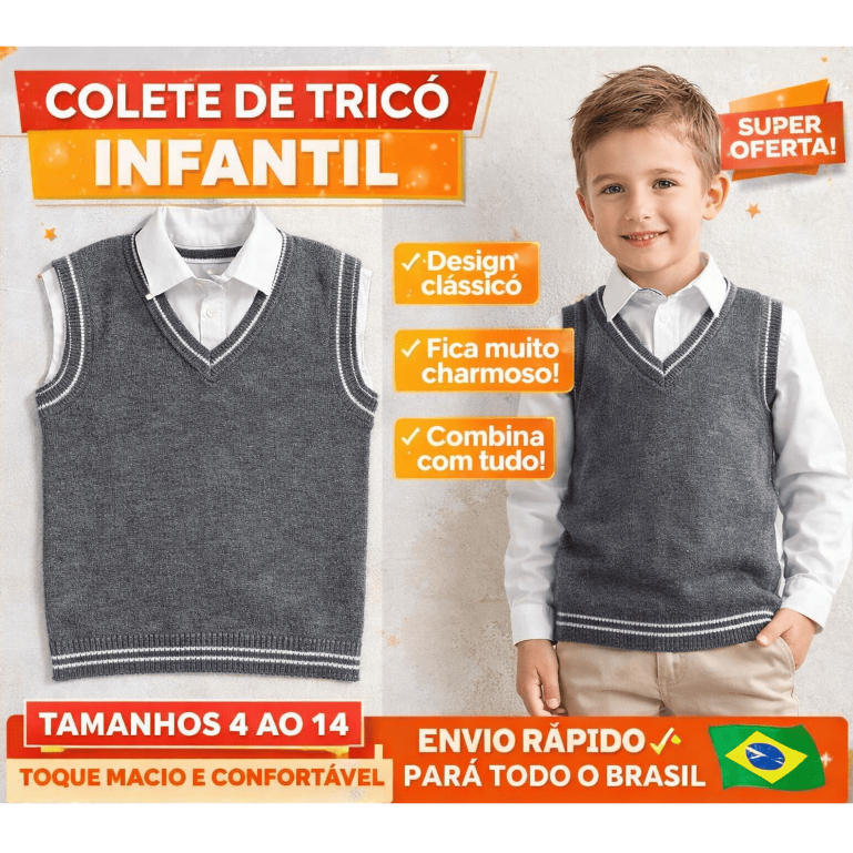 Colete em Tricot Infantil, Moda Masculino em Gola V, Estilo Clássico. Roupa Infantil Masculina