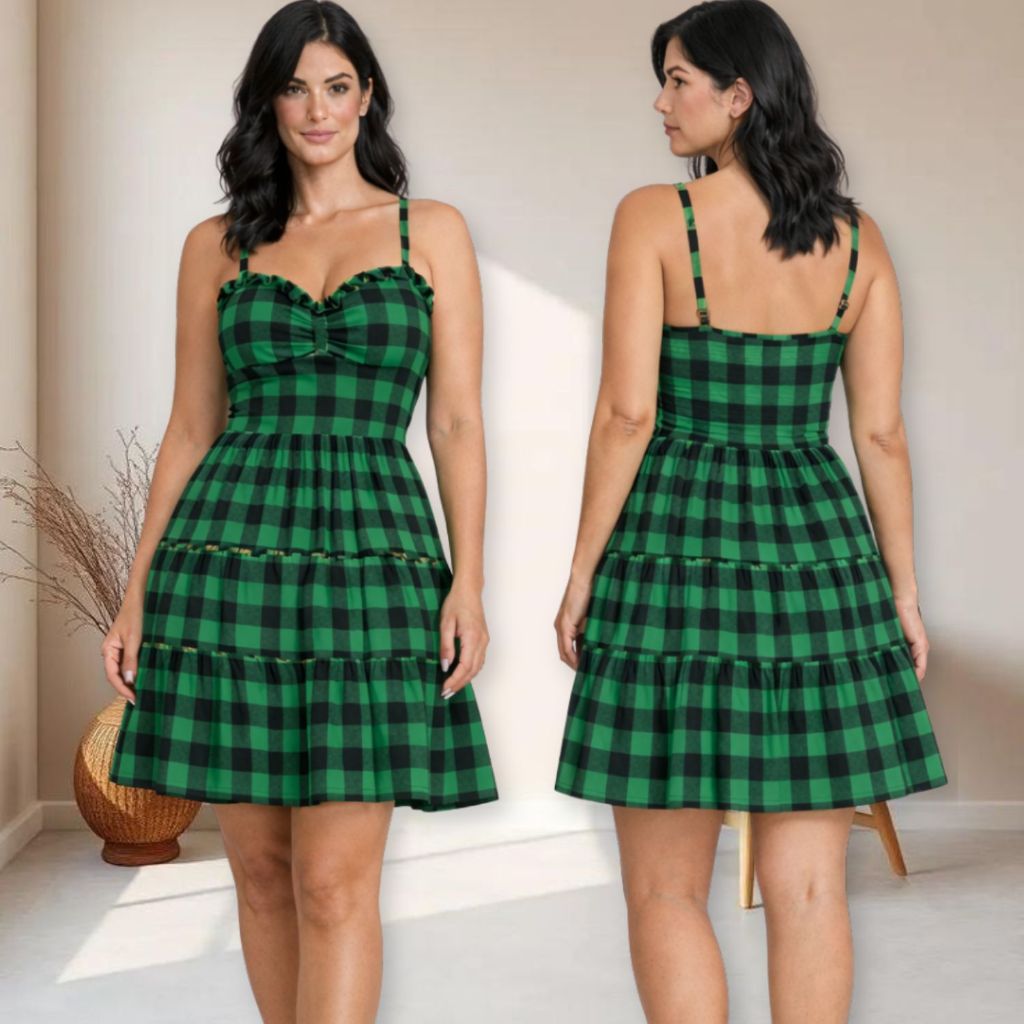Vestido Xadrez Feminino Curto com Bojo Alça Regulável Modelagem Soltinha Leve e Confortável Festa