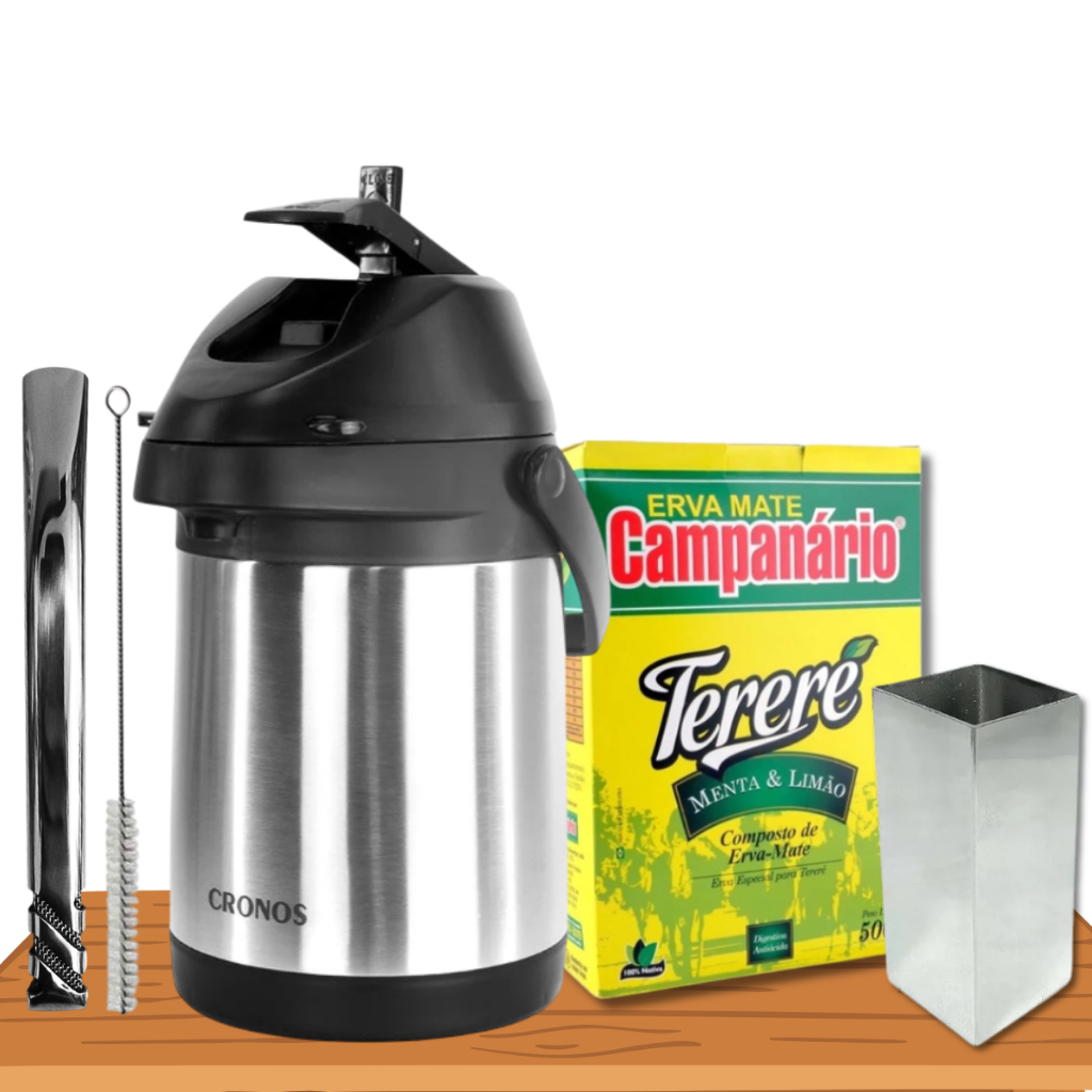 Kit Tereré Erva Black + Garrafa 3 Litros Inox + Copo 250ml Inox + Bomba V6 19cm + Erva Mate Campanário 500g