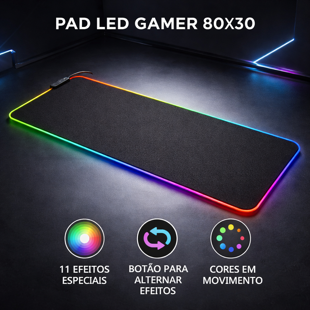 Mouse Pad Gamer LED Rgb 80x30 Grande Iluminado 11 Modos Efeitos Antiderrapante Setup Gamer — R$ 37,96 em Shopee