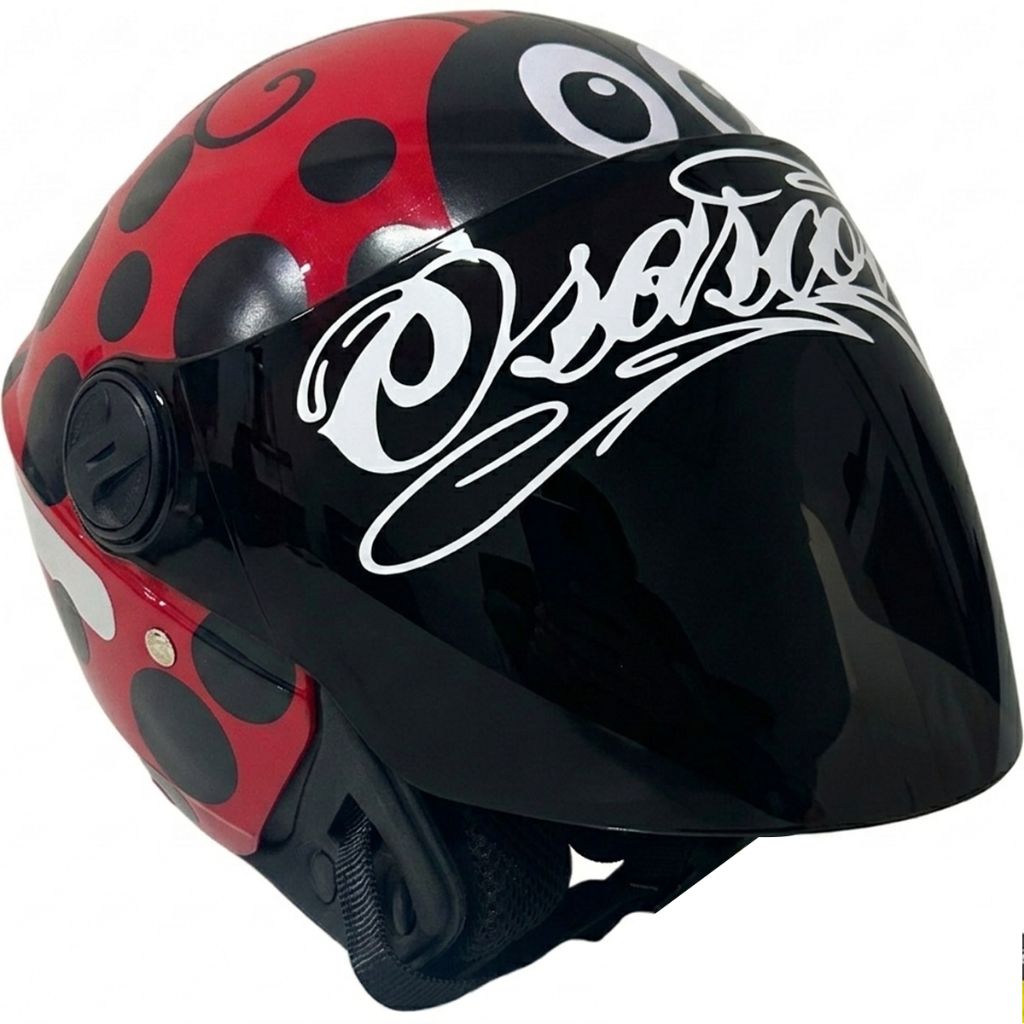 Capacete Liberty New 3 Personalizado Joaninha Viseira Fumê Adesivo Osascorte