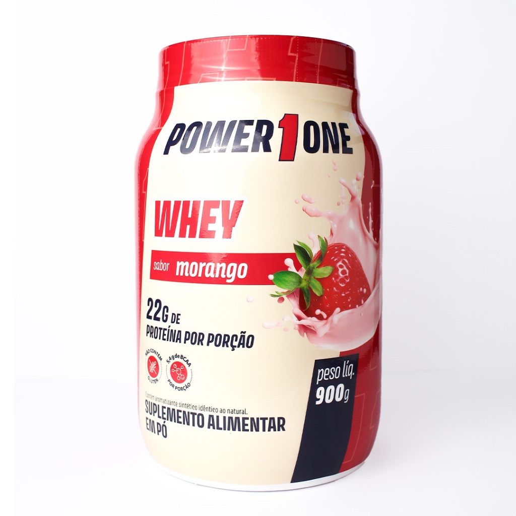 Whey Protein Concentrado Morango Power1One 900g 100% 23g Proteína por Dose Alta Qualidade Ganho Massa Força Recuperação