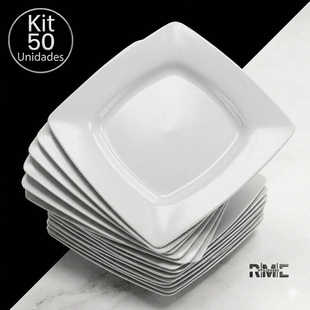 Kit 50 Pratos Quadrados Plastico branco resistentes churrascos refeições festas aniversários  lavar