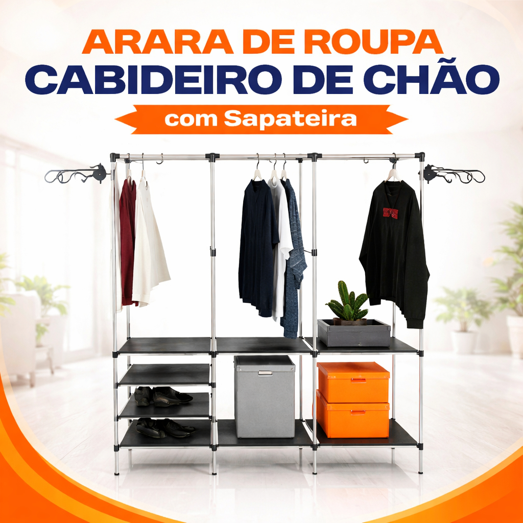 Arara de Roupas de Chão Grande com Sapateira Cabideiro Organizador Multiuso em Aço Inox em Oferta na Shopee