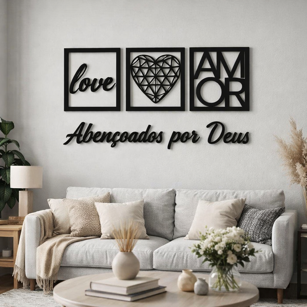Quadros Decorativos kit com 3 Love Amor Coração +Frase Abençoado por Deus Decoração Moderna Sala Quarto