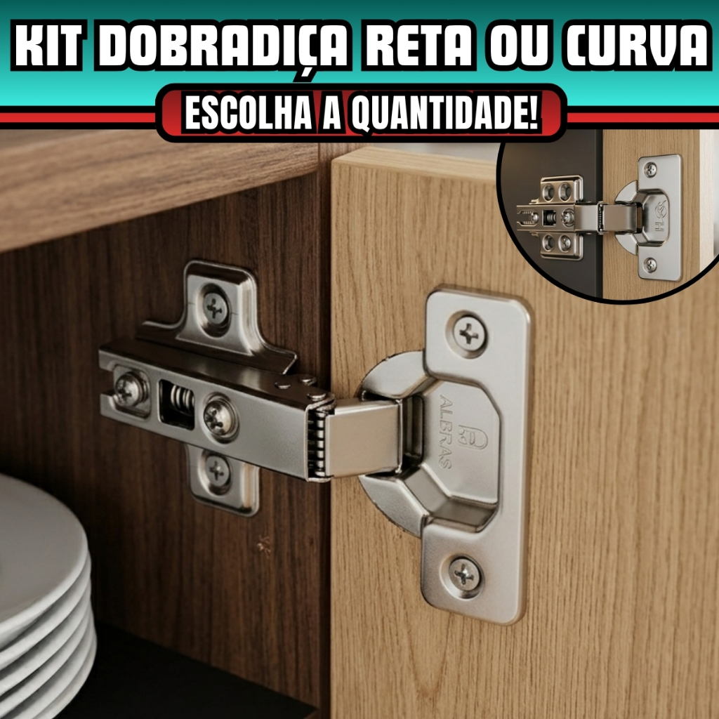 Kit Dobradiça Com Amortecedor Calço Fixo Para Armários e Móveis Reta e Curva Com Parafuso - 35mm