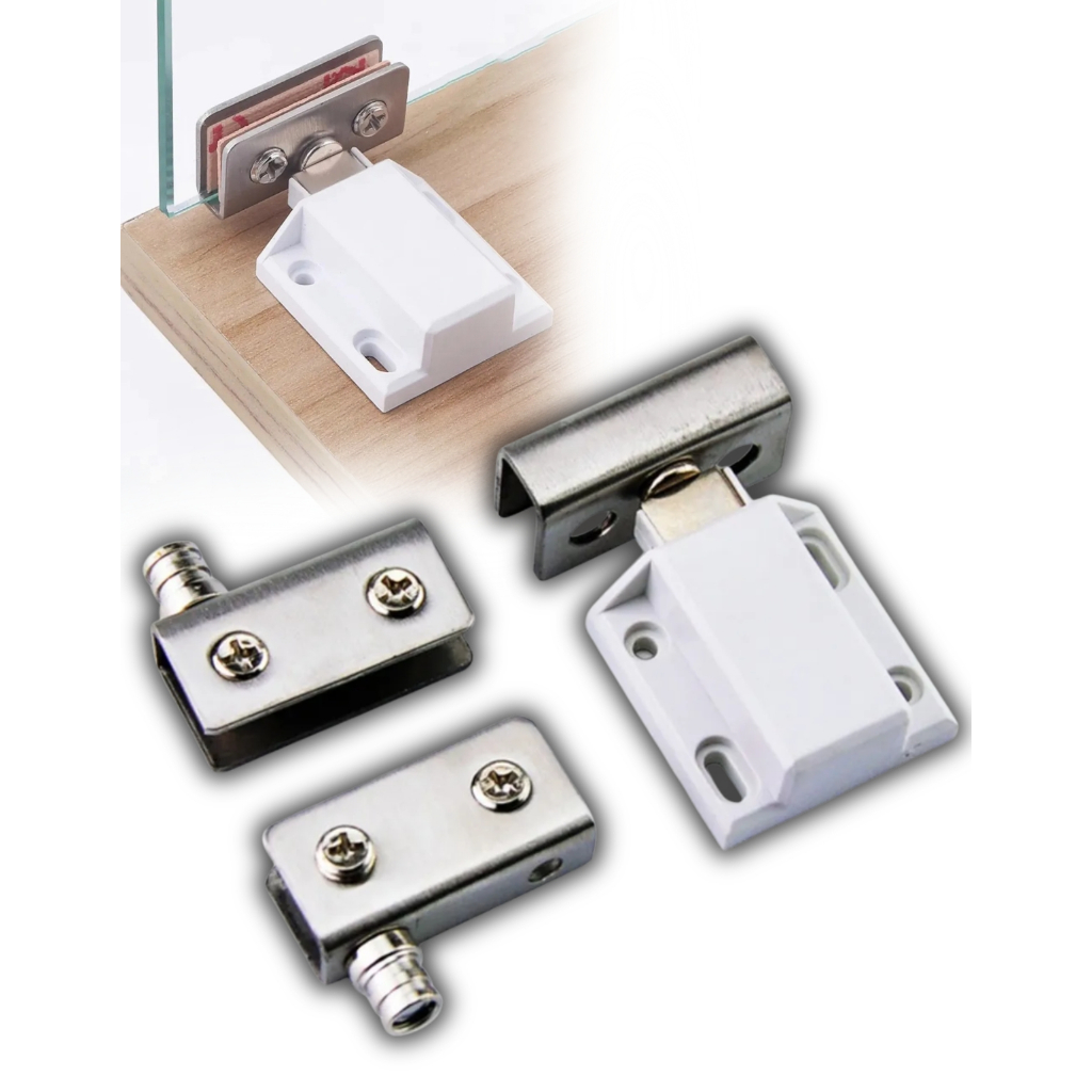 "Kit Imantado de Mini Dobradiça para Vidros - Segurança e Aço Vitrine Magnética, Fácil Instalação com batedor completo