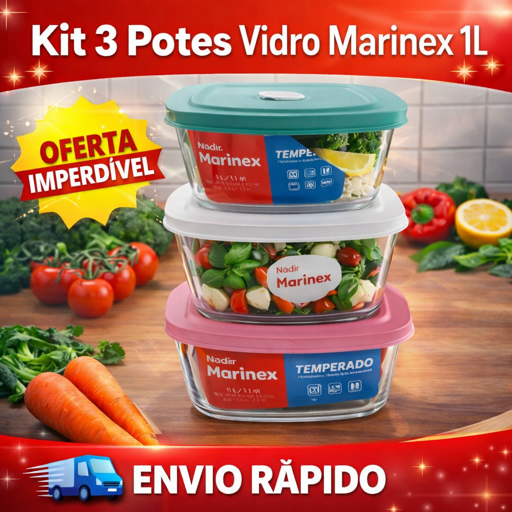 Kit 3 Potes Marinex 1L Com Tampa Plástica Resistente Vidro Facilita Original ENVIO IMEDIATO em Oferta na Shopee