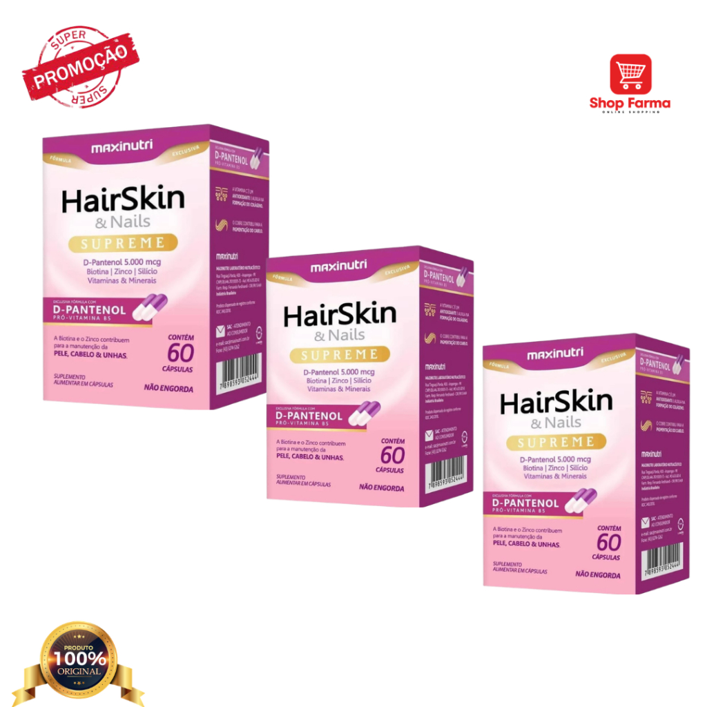 kit 3 x HairSkin Supreme D-Pantenol + Biotina 60 Cápsulas Maxinutri