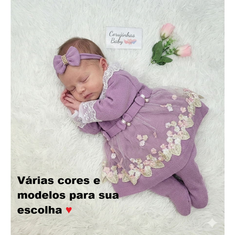 Vestido saída maternidade feminina em tricô luxo para recém nascido