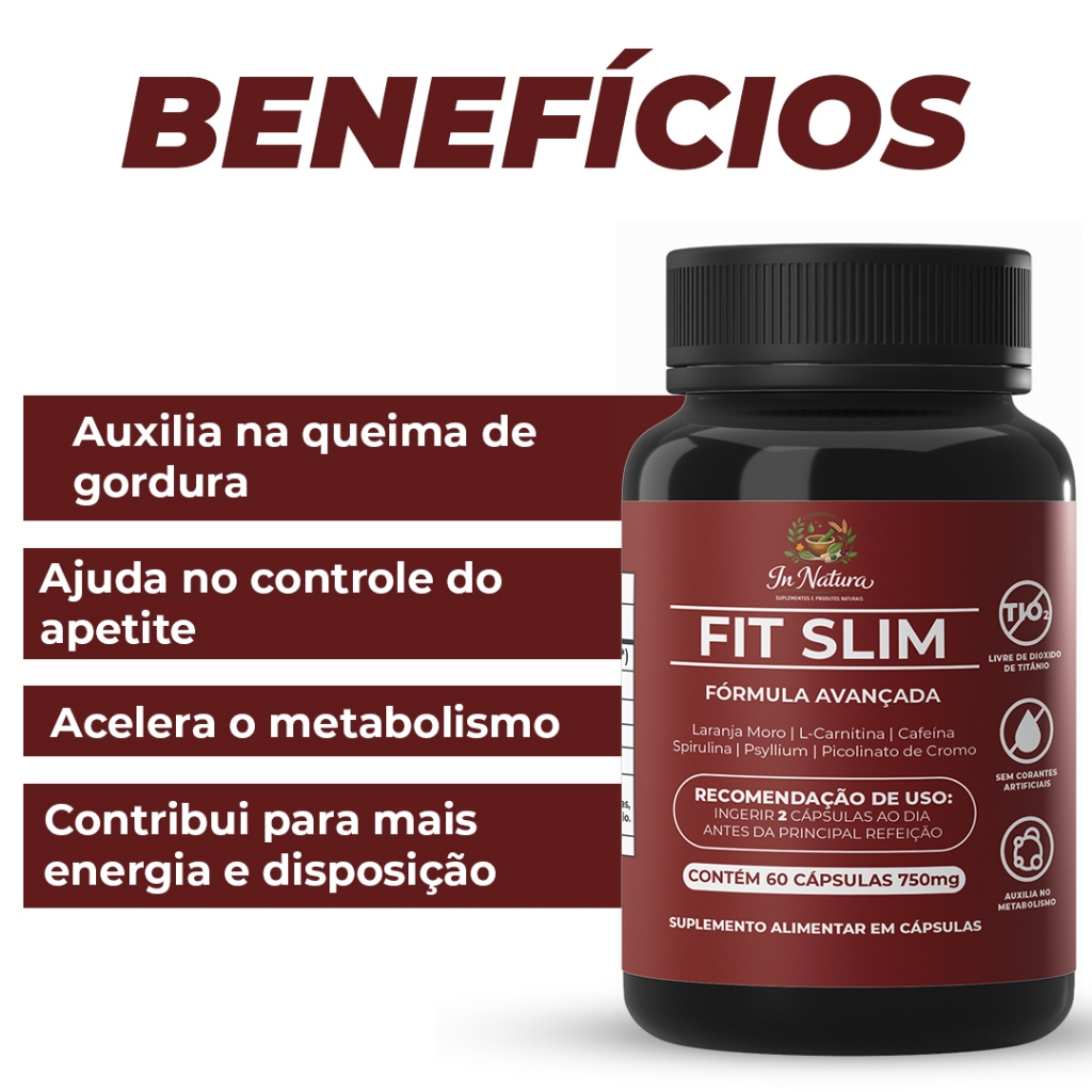 Fit Slim 60 Capsulas por Pote • Suplemento Alimentar com Cafeína 200mg • Energia para o Dia.