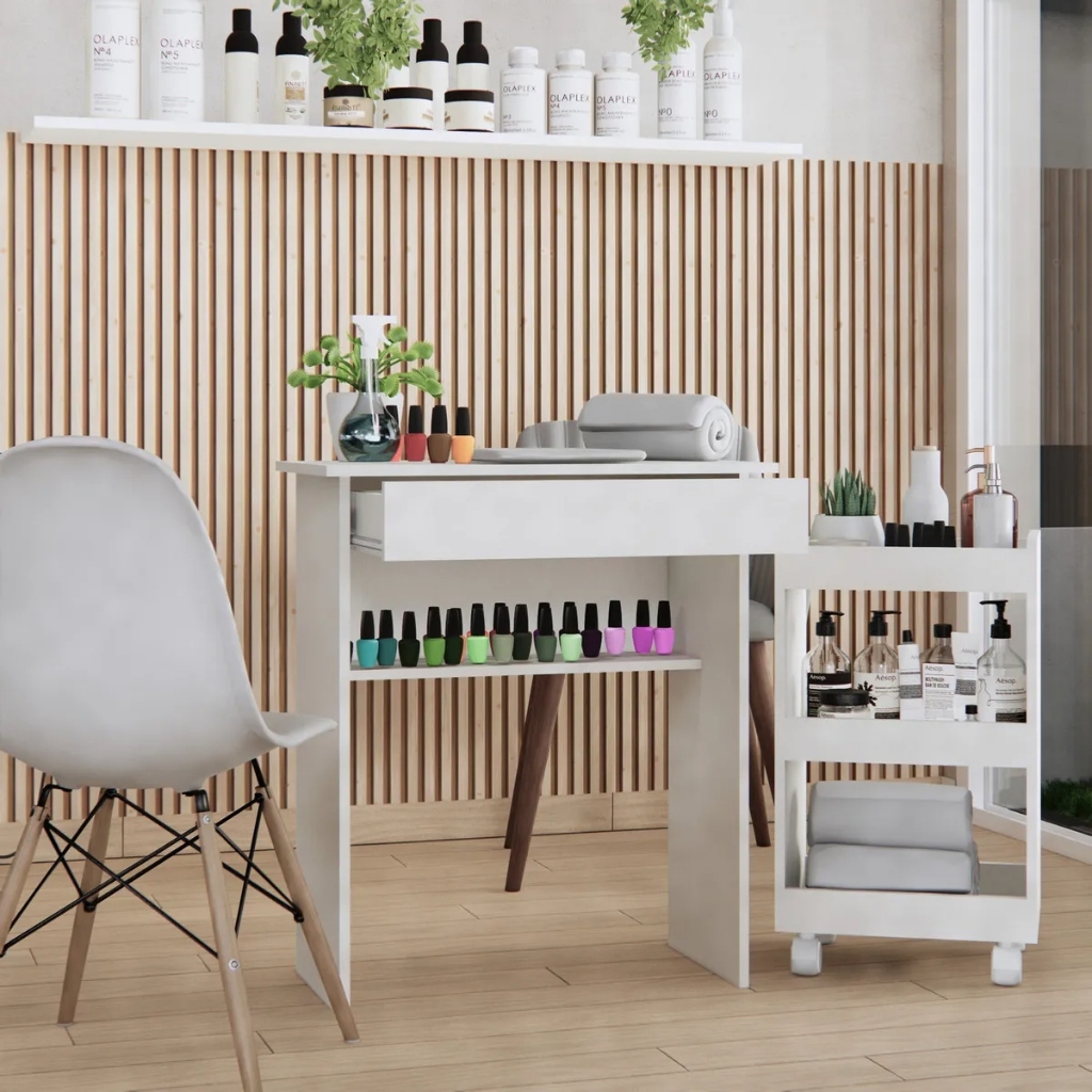 Mesa Para Manicure Com Gaveta + Carrinho Auxliar Para Esmaltes Com Rodinhas Salão Pedicure  Bonatto