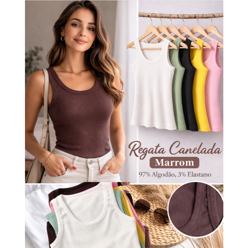 Regata Feminina Canelada Ribana Lisa Básica Casual Academia