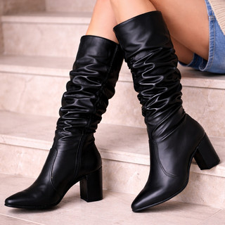 Bota Feminina Cano Alto Longo Enrugado Franzido Bico Fino Salto Bloco Confortável Inverno Ref. 20/146
