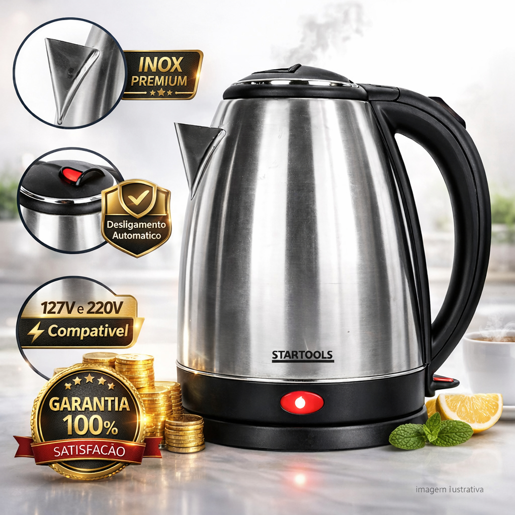 Chaleira Elétrica Inox 2L 127V/220V – Ferve Água Rápido, Desligamento Automático, Econômica e Segura