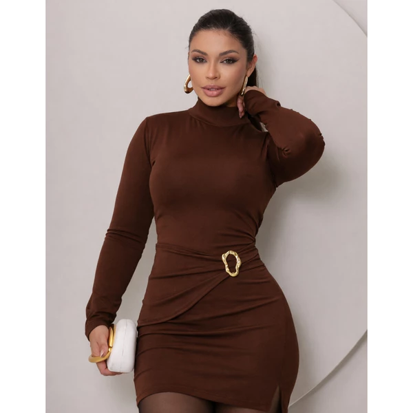 Vestido curto feminino fenda frontal manga longa gola alta fivela luxo acinturado inverno