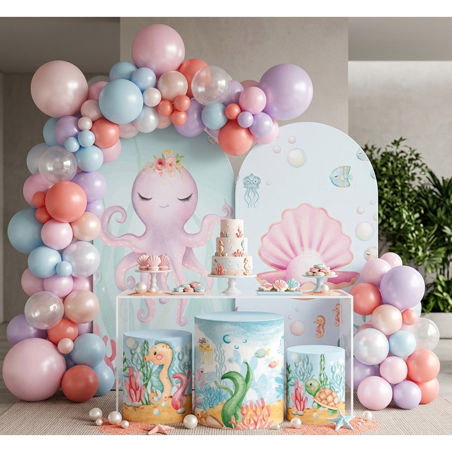 Kit Capas Cilindros + Painel Romano Duplo Sublimados Festa Fundo Do Mar Polvo Concha Cute Decoração Bibi