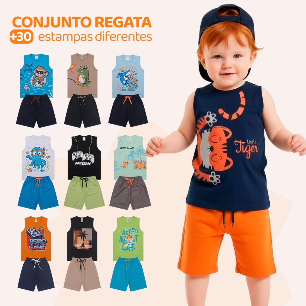 Kit 4 ou 8 Peças de Conjunto Regata para Meninos Infantil Masculino Roupa de Bebe Verão Estampado em Algodão para Calor em Oferta na Shopee