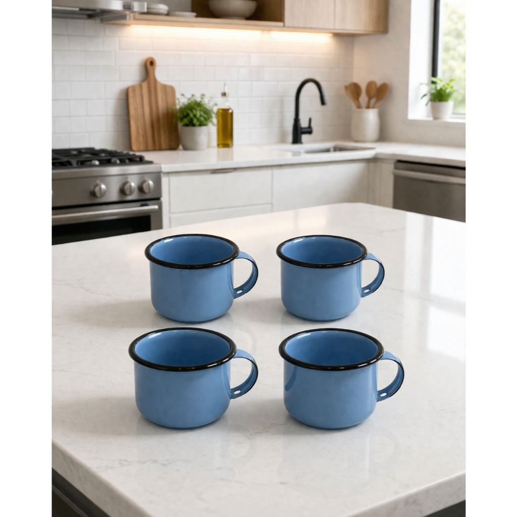 4 Canecas Esmaltada Agata 70ml Original Cafézinho - Azul Bebê Granitado