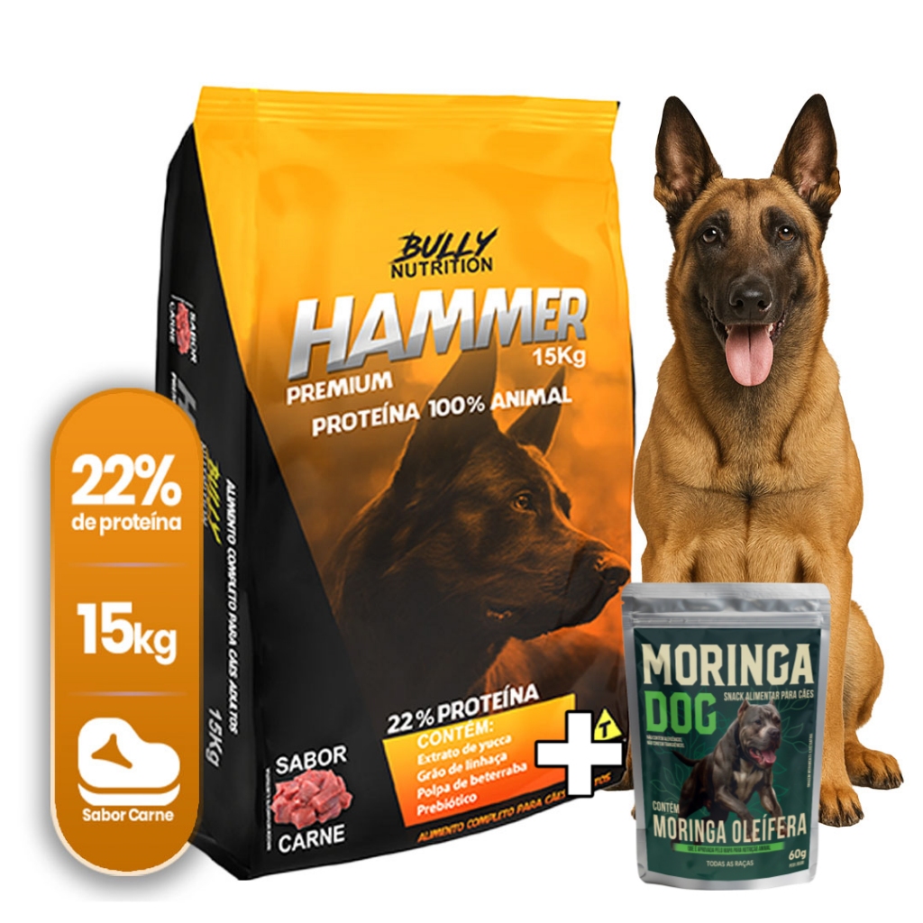Ração Proteica P Cães Pastor Malinois Hammer Premium 15kg+ Moringa Dog 60g