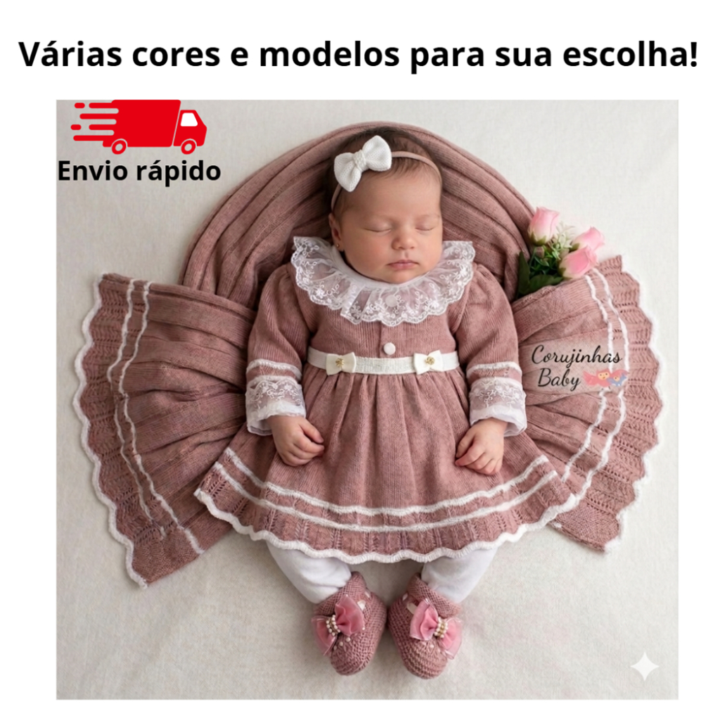 Saída de maternidade menina em tricô / tricot feminina com renda e vestido luxo com manta
