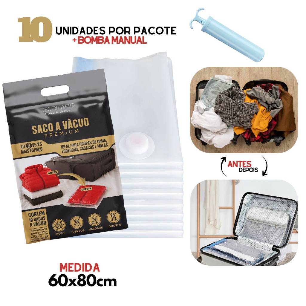 Kit 10 Saco a Vácuo 60x80cm com Bomba Manual Organizador p/ Mala Viagem Roupas G