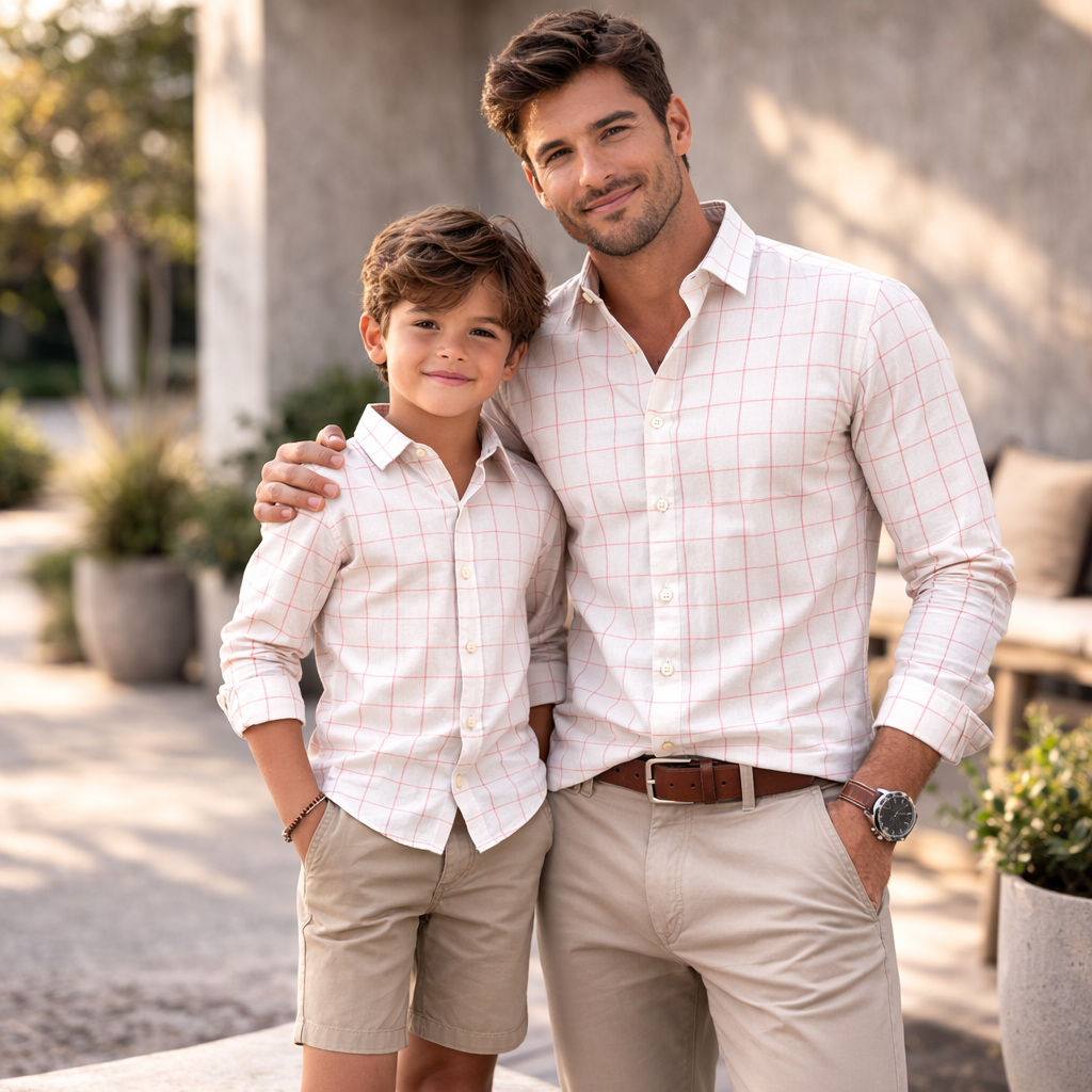 Camisa Social Tal Pai Tal Filho Cor Linho Listra Rosa Kit Camisas Iguais Adulto e Infantil Manga Longa
