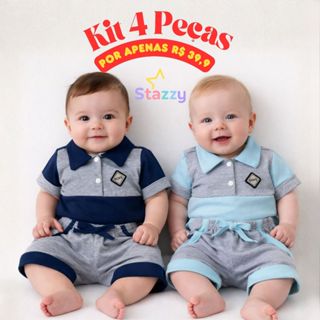Kit 4 pçs Conjunto bebê Menino Mauricinho com 2 camiseta polo e  2shorts RN Stazzy até 6 meses em Oferta na Shopee