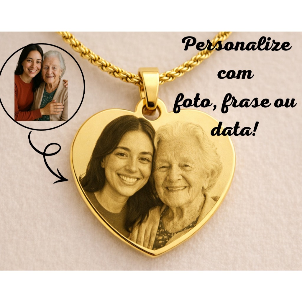 Colar com Pingente Coração Personalizado a Laser Fotogravação, Frase, Data, Banhado a Ouro 18K, Prata e Ouro Rose