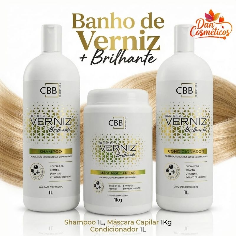 Kit Banho de Verniz + Brilhante CBB Cosméticos. Shampoo 1L, Condicionador 1L, Máscara capilar 1Kg