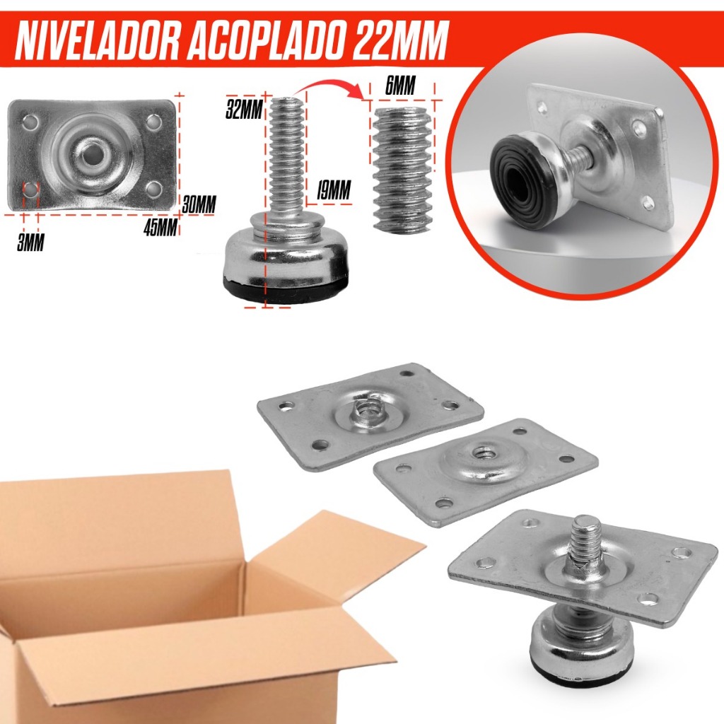 Pé Nivelador 22mm Metal Rosca Com Chapa 12 un Sapata Regulável Móveis Armário Cadeira Resistente
