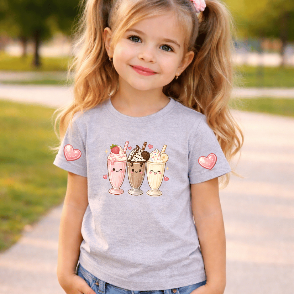 Camisa Infantil Feminina Estampada 100% Algodão Confortável Estampa Milkshake Fofo Peito e com Corações na Manga