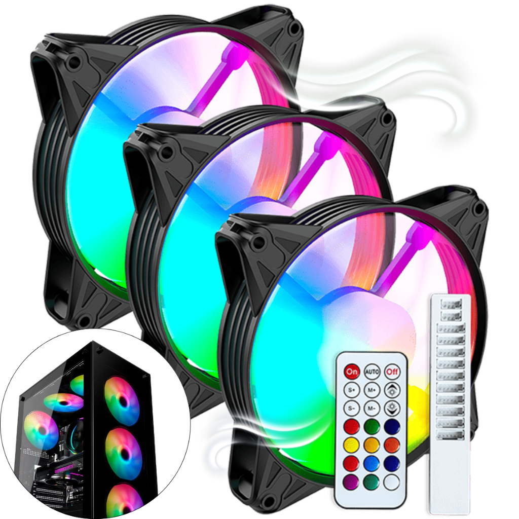 Kit 3 Cooler Fan Ventoinha + Hub + Coltrole Luz Led Rgb 6 Pin Gabinete Pc 120mm EURUS CLANM