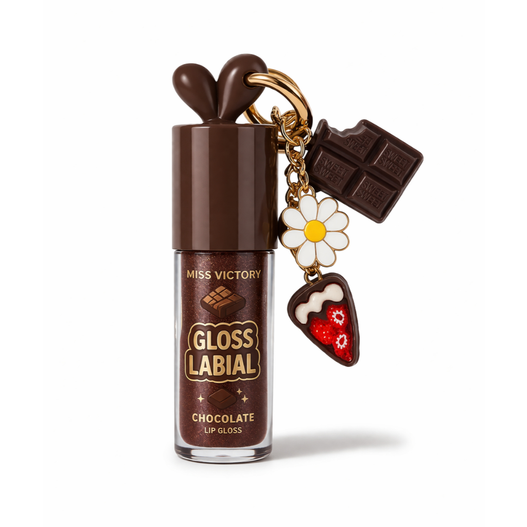 Detalhes do Gloss Labial Miss Victory com Chaveiro – Cherry e Chocolate