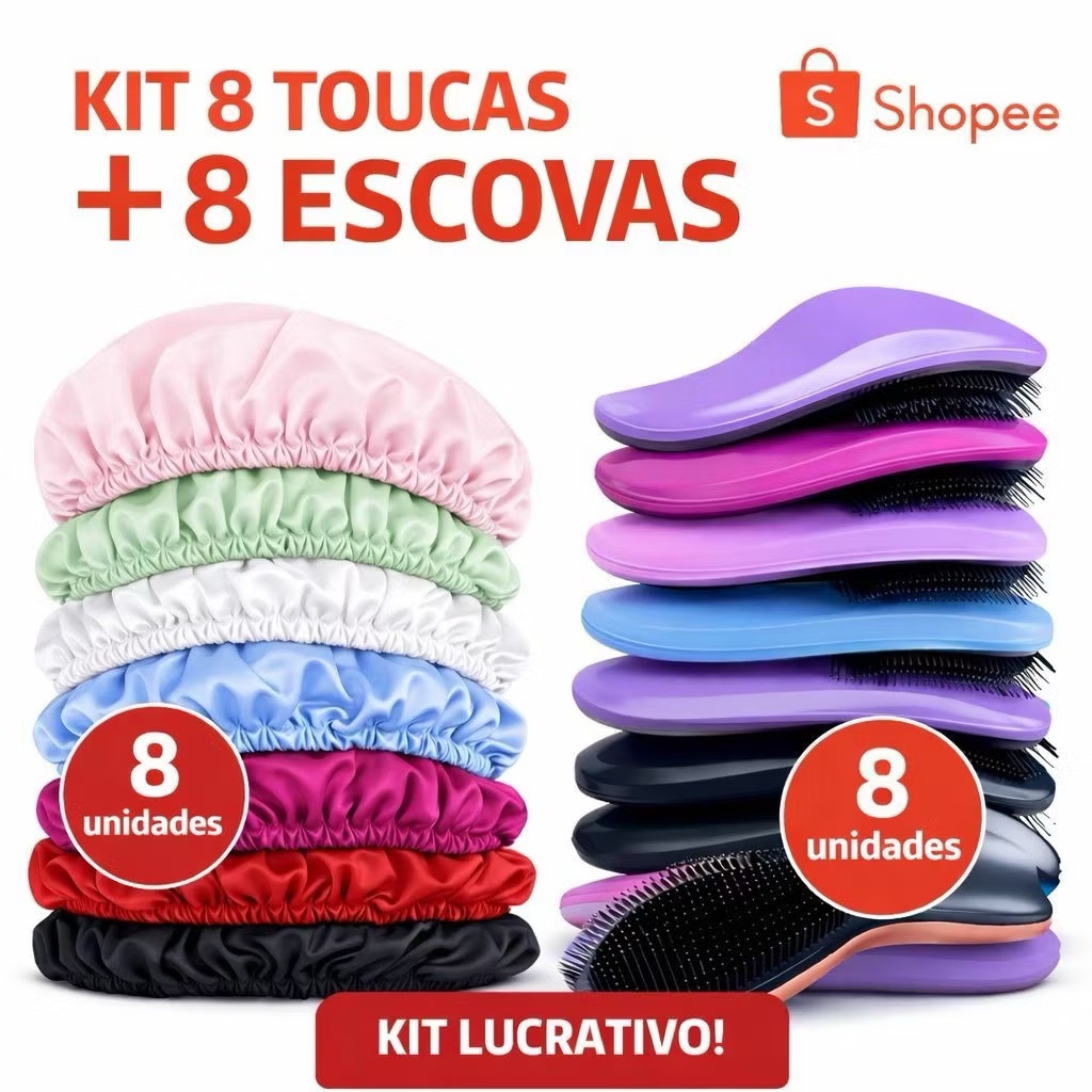 Kit Econômico Antifrizz – 8 Toucas de Cetim + 8 Escovas Mágicas para Cabelos Perfeitos